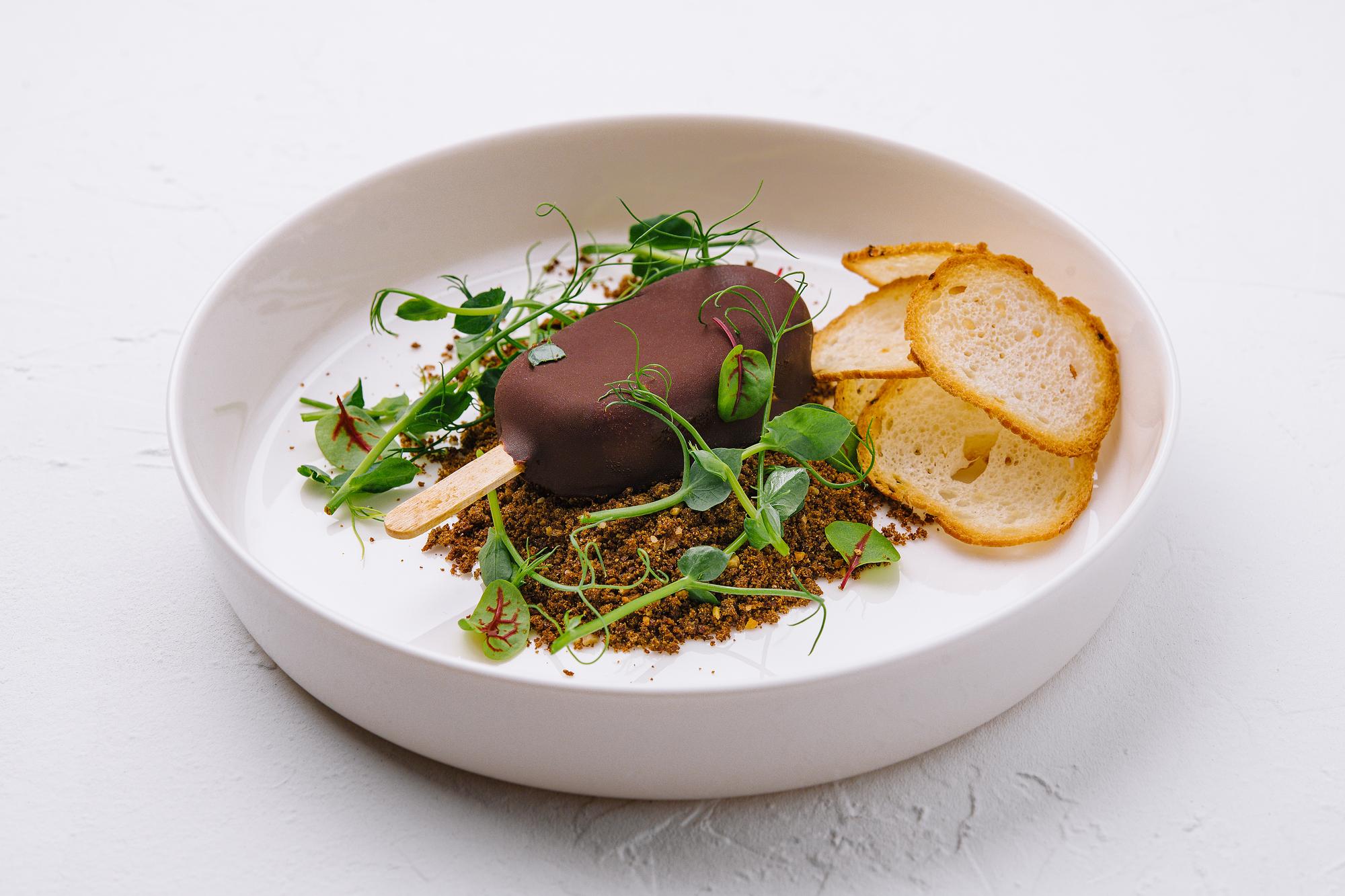 Finished plated dessert with micro herbs