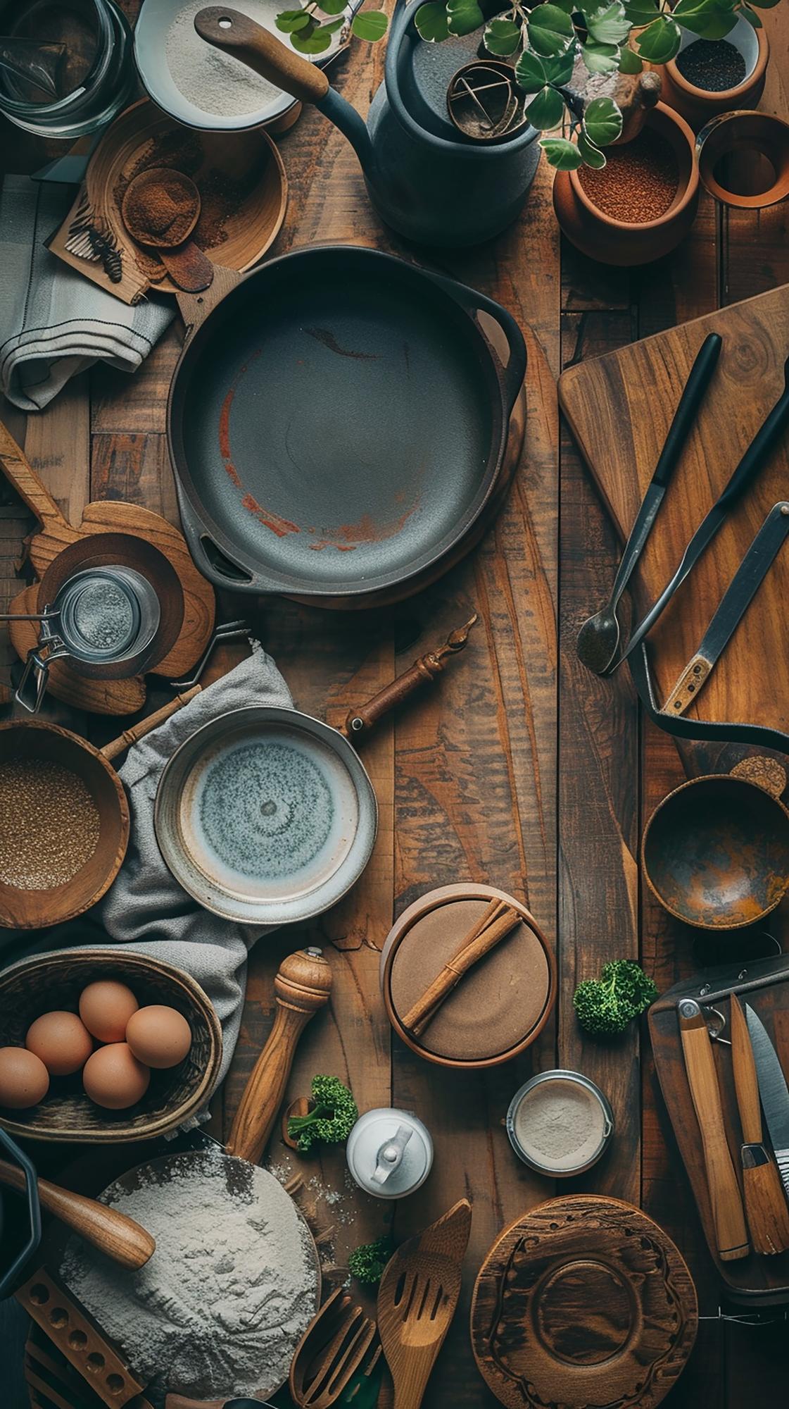 Assorted cooking tools on wooden table